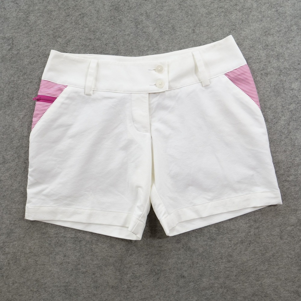 Adidas Golf Shorts Womens 0 White Pink Trim Flat Front Striped Accents New
